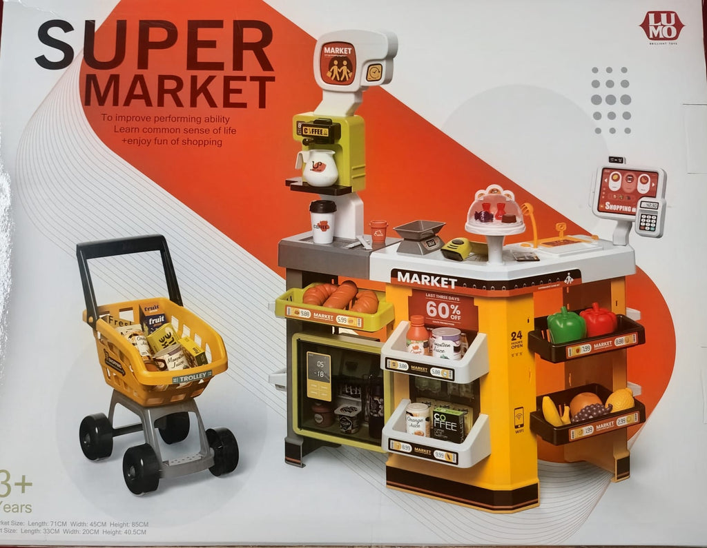 Kids Supermarket Play Set with Shopping Trolley, Cash Register, Barcode Scanner, Lights & Sounds | Pretend Grocery Store Toy for Boys & Girls (3+ Years)