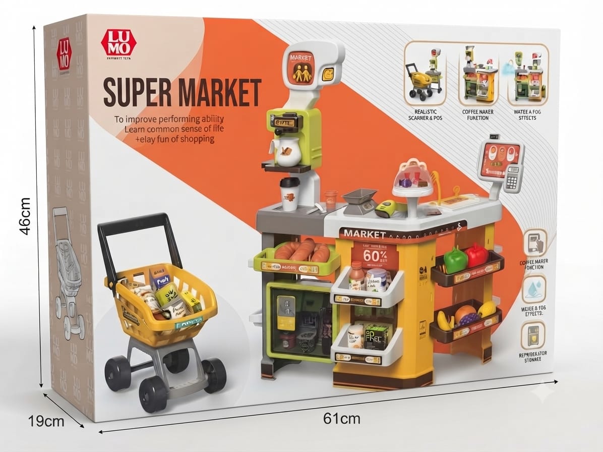 Kids Supermarket Play Set with Shopping Trolley, Cash Register, Barcode Scanner, Lights & Sounds | Pretend Grocery Store Toy for Boys & Girls (3+ Years)