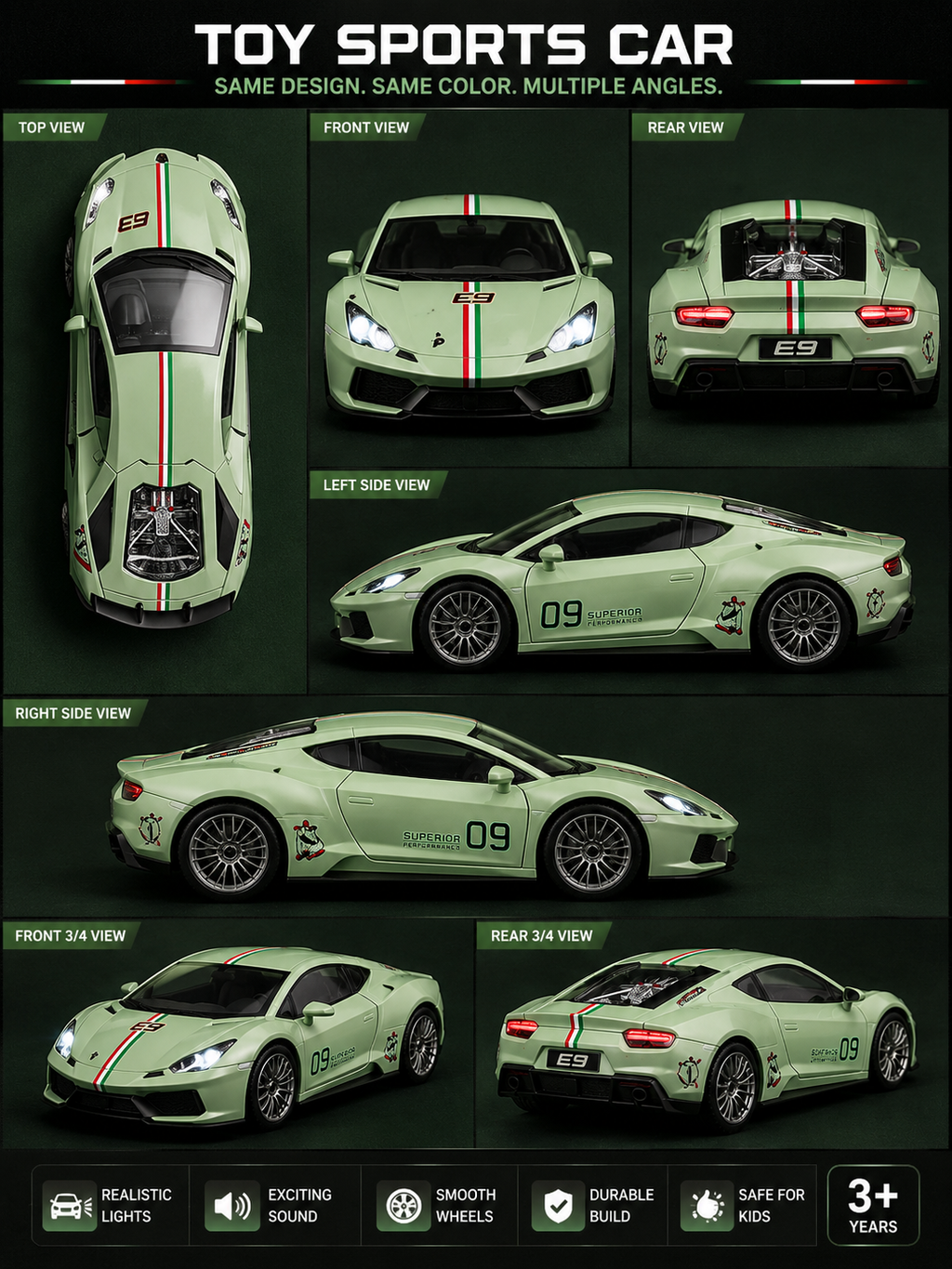 Luxury Sports Racing Toy Car – Die-Cast Style Pull Back Car with LED Lights, Realistic Design & Smooth Wheels
