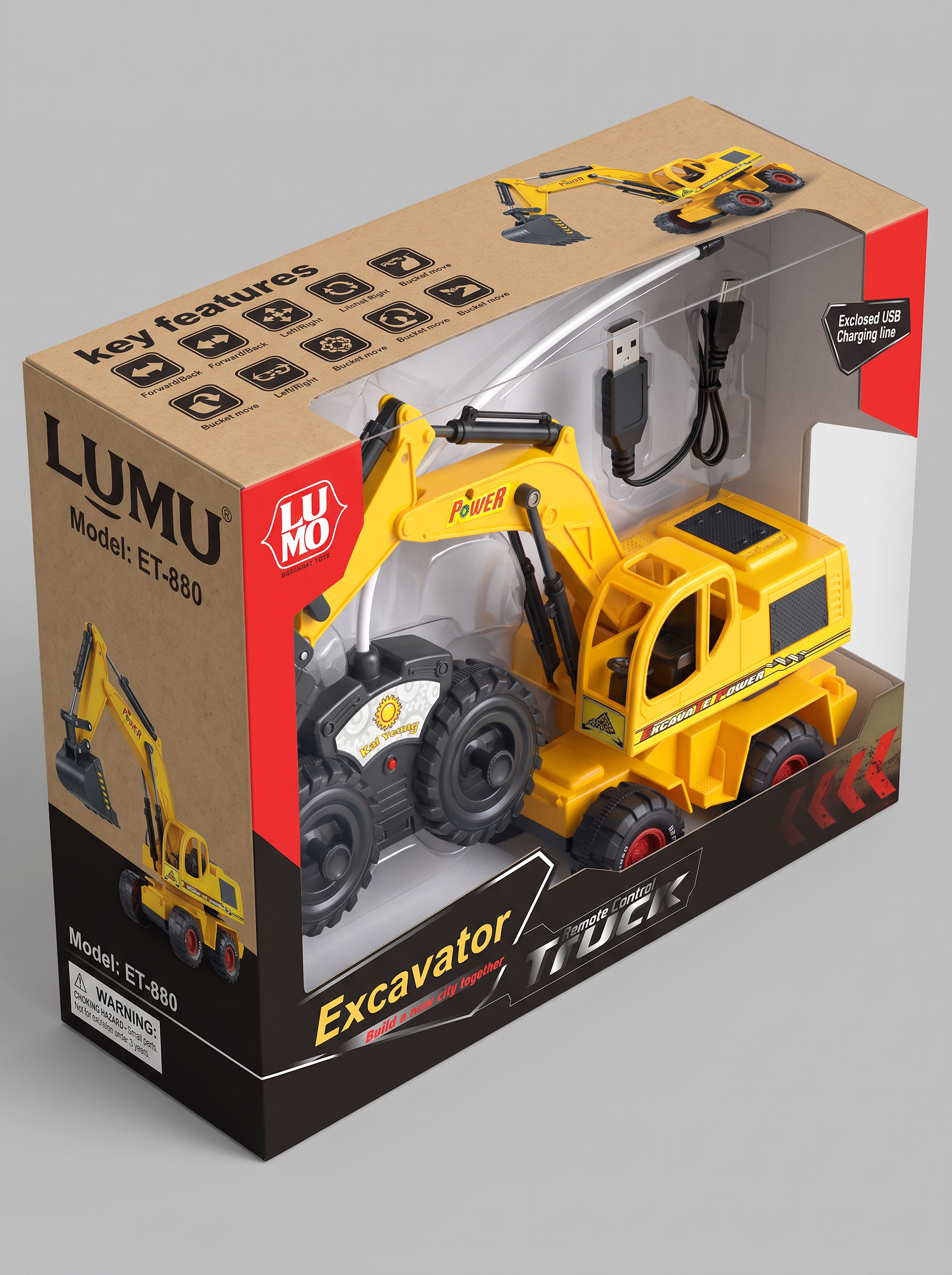 Remote Control Excavator Toy – USB Rechargeable RC Construction Truck with 9-Channel Full Function Digging Arm for Kids