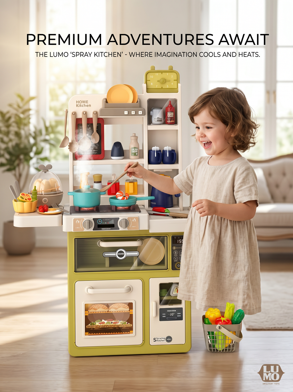 Kids Spray Kitchen Play Set with Realistic Steam, Running Water Sink, Light & Sound, Cooking Accessories & Storage | Pretend Play Toy for Boys & Girls (3+ Years)