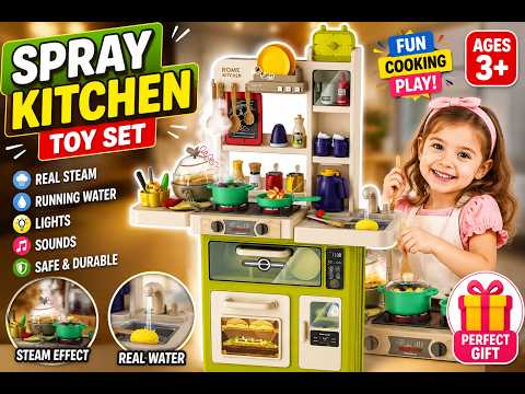 Kids Spray Kitchen Play Set with Realistic Steam, Running Water Sink, Light & Sound, Cooking Accessories & Storage | Pretend Play Toy for Boys & Girls (3+ Years)