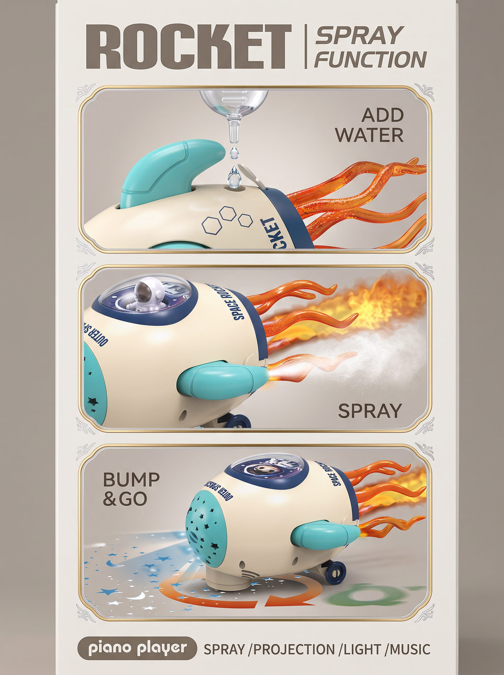 Space Explorer Rocket Toy for Kids | Light, Music & Spray Mist